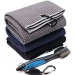 3 Pack Golf Towel,2 in 1 Tri-fold Golf Towel with Carabiner Clip,Microfiber Waffle Pattern Golf Towel(Navy Blue, Black and Gray) & Retractable Club Groove Cleaner Brush .Golf Towels Accessories