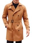 Runcati Mens Trench Coat Double Breasted Mid Long Jacket Casual Belted Overcoat Notched Lapel Windbreaker, Brown, Large