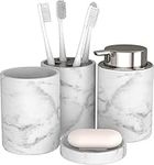 bonVIVO Marmora Bathroom Accessory Set, 4 Piece Bathroom Set in Marble Look/Silver, Luxury Bathroom Accessories, Includes Soap Dish, Soap Dispenser Pump, Tumbler, Toothbrush Holder - silver