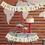 JeVenis Adventure Awaits Banner Bon Voyage Banner Travel Theme Banner World Map Travel Themed Baby Shower Banner Vintage Atlas Map Banner for Bridal Shower Graduation Party Moving Party