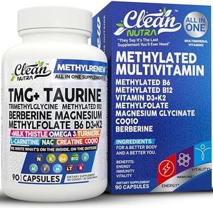 Clean Nutraceuticals TMG Taurine Supplement - Methylated Multivitamin with B6 Vitamins, B12, D3 K2, Magnesium Methylfolate Milk Thistle Omega 3 Turmeric NAC L Carnitine Creatine COQ10 & More, 90 Ct