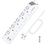 5M Extension Lead with Individual Switches, 13A 4 Way Power Strip 2 USB Lead with USB Slots Multi Plug Socket Extensions 5 Meters Long Extension Cord