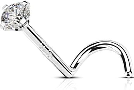OUFER 925 Sterling Silver Nose Stud, Bone L Screw Shaped Nose Rings, 20G Nostril Solid 2mm Round CZ Nose Piercing Jewelry for Women Men