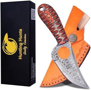 HUNTING HUNTS Predator Hunter - Handmade Damascus Knife with Custom Leather Sheath - For Skinning, Camping, Outdoor - EDC 7” Fixed Blade Bushcraft Knives | Red Black Exotic Wood Handle HH-HK-002