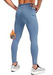 Pudolla Men's Thermal Running Tights with 3 Zipper Pockets Workout Compression Leggings Cycling Pants for Men Hiking Jogging, Slate Blue, Medium