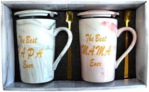 Swsdee Taza de Café The Best Mama & the Best Papa, Taza de Cerámica con Patrón de Mármol, Cerámica Para Mamá y Papá, Exquisita Caja de Regalo