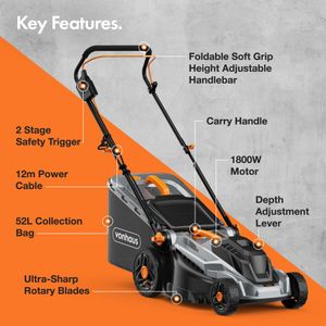 VonHaus 1800W Electric Lawnmower – 52L Bag, 430mm Width, Adjustable Handle