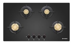 Faber 4 Burner 90cm Hob |Auto-Ignition| HOB PRIME HT904 CRS BR CI AI |Metal Knobs| Cast Iron Pan Support|Hob/Cooktop Hybrid|Black Glass Finish |5 Yrs Warranty on Glass,Valve & 2 Yrs on Burner by Faber