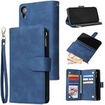 UEEBAI Wallet Case for iPhone XR, Premium Vintage PU Leather Magnetic Closure Handbag Zipper Pocket Case Kickstand Card Holder Slots with Wrist Strap TPU Shockproof Flip Cover for iPhone XR - Blue