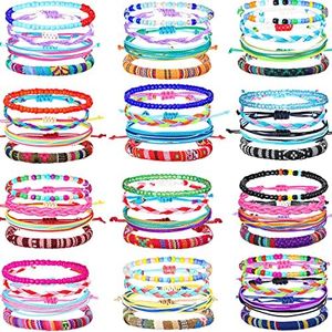 48 Pieces Handmade Friendship Bracelets Adjustable Woven Braided Bracelet Colorful Beaded Bracelets Elastic Beaded Anklet for Kids Girls Women Men Jewelry Party Accessories, Assorted Style, cord, bead