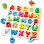 Wooden Alphabet Puzzle ABC Letters Peg Board Knob Jigsaw Blocks Early Learning Educational Toy Gift for 1 2 3 Year Old Toddler Baby Kids