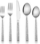 E-far 10-Piece Hammered Silverware Set, Stainless Steel Square Flatware Set Service for 2, Tableware Cutlery Set Includes Forks Spoons Knives, Modern Design & Mirror Polished - Dishwasher Safe