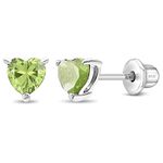 925 Sterling Silver 5mm Toddlers Simulated Peridot Birthstone Heart Shape Cubic Zirconia Stud Earrings With Safety Screw Back Locking - Cute Heart Earrings For Toddlers Born in August