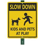 SmartSign Aluminum Sign, Legend "Lawn Boss - Slow Down Kids and Pets at Play" with Graphic, 12" high x 9" wide sign plus 3' tall stake, Black on Yellow