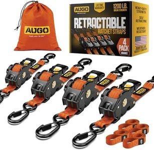 AUGO Retractable Ratchet Straps – 1" x 10' – 1200Lb Breakstrength – 4 Heavy Duty Self Retracting Tie Downs with Safety Lock S Hooks, Soft Loops & Storage Bag – for Motorcycle,Tree Stand,Bed,Boat,Cargo