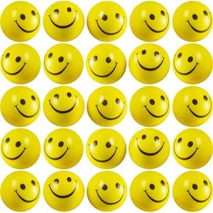 Smile Face Stress Balls (Bulk Pack of 24) for Kids and Adults, 2 Inch Yellow Fun Happy Face Squeeze Balls for Anxiety Relief, Hand Therapy or Sensory Fidget Toy