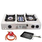 NJ G-87 Camping Gas Stove - 3 Burner Portable Stainless Steel Gas Cooker Outdoor Cooktop LPG Hob BBQ Grill Wok Ring Auto Ignition 9.7kW (Propane 37mbar Screw-on)