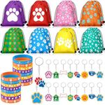 Talltalk 48 Pcs Paw Dog Party Supply Puppy Dog Party Favor Set 16 Paw Print Drawstring Bags Gift Goodie Bags 16 Paw Wristband Rubber Bracelet 16 Patrol Keychain for Puppy Birthday Party Favor Boy Girl