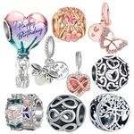 awaFanee 9 Pack Silver Spacer Beads Charms fit Pandora Bracelet Butterfly Pink CZ Pendant Set Enamel Heart Balloons Happy Birthday, Silver, Cubic Zirconia, 9PCS A01