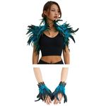 ESSECMBS Womens Realistic Feather Cape Costume Gothic Lacing Shawl Shrug Collar Feather Cloak for Halloween Cosplay Christmas Party (UK, Alpha, One Size, Regular, Regular, Lake Blue Set)