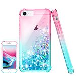 Pilaru for iPhone SE 2022 Case iPhone SE 2020 Case, iPhone 6/6S/7/8 Case Clear Liquid Heart Glitter Soft TPU Cover Transparent Girly Protective Phone Case for iPhone 8,Pink/Teal