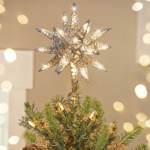 Luxspire Christmas Tree Topper, 3D Starburst Lighted Tree Topper, Plug in Christmas Star with Timer, Light Up Xmas Vintage/Modern Decorations for Holiday, Silver