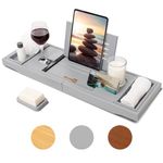 Homiu Bamboo Bath Tray - Extendable Bath Caddy - Natural Wooden Bathtub Tray with Candle, Wine Glass, Book Rest, iPad & Phone Holder Stand - Luxury Bathtub Accessories - Bath Accessories (Grey)