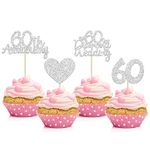 Gyufise 24Pcs 60th Wedding Anniversary Cupcake Toppers Silver Glitter 60th Diamond Wedding Anniversary Heart Cake Decoration for Celebration 60th Wedding Anniversary Party Supplies