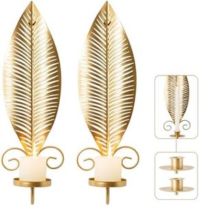 Gold Wall Candle Sconces Set of 2, Taper & Pillar Wall Iron Candelabra, Metal Golden Leaf Decor Sconce for Entryway Stair Corner Living Room, Farmhouse Fireplace,Gifts for Men Women Mom or Dad(Gold)