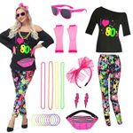 80s Costume Outfits for Women, 1980s Fancy Dress with T Shirt Pantalon Accessories Sets, Neon Clothes for Carnival Party