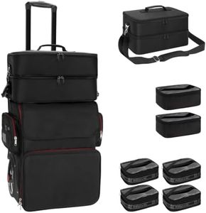 Large Makeup Train Case with Makeup Travel Bag and 4 Clear Makeup Bags for Hairstylist, Hairdresser Bag with Detachable Pouch,Heat Insulation Anti-scalding for Hairdressing Organizer Big wheels