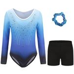 Kiscorpse Gymnastics Leotards for Girls Long Sleeve/Sleeveless Sparkle Ballet Dance Gymnastics Athletic Leotards Shinning Diamond for Kids 5-12 Years (Blue-long sleeved set, 9-10 Years)