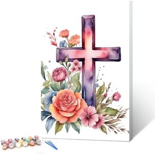 Ginkko Paint by Numbers Kit for Adults Beginner & Kids Ages 8-12 with Wooden Frame Easy Acrylic on Canvas 8x12 inch with Paints and Brushes, Cross and Flower(Include Framed)