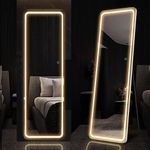 LVSOMT Full Length Mirror with Lights, 63" X 20" LED Full Body Mirror, Floor Standing Lighted Mirror, Wall Mounted Mirror w/Dimming & 3 Color Lighting for Bedroom, Living Room, (White)