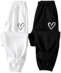 Floerns Girl's 2 Pieces Heart Print Elastic Waist Jogger Sweatpants with Pockets Black and White 11Y