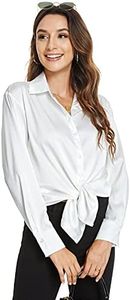 Atnlewhi Womens Long Sleeve Button Down Satin Silk Shirts Casual Business Smooth Blouse Tops, White, X-Large