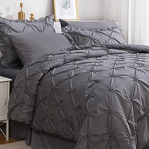 JOLLYVOGUE Dark Grey Bed in a Bag Comforter Set for Bedroom, Pintuck Full Size Comforter Sets 8 Pieces, Beddding Sets with Comforter, Sheets, Bed Skirt, Ruffled Shams & Pillowcases