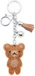 AuPra Brown Teddy Bear Crystal KeyChain Gift Women Bling Rhinestones KeyRing Home Car Bag Clip Key Holder Lady Girl Tassel Present