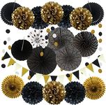 WEEMAGIC Party Decoration, 21 Pcs Black and Gold Hanging Paper Fans, Pom Poms Flowers, Garlands String Polka Dot and Triangle Bunting Flags for Birthday Parties Wedding Décor, Table & Wall Decorations