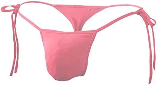 JEERLEEP Mens Sexy ice Silk Bikini Tie Side G String T Back Thongs Briefs Adjustable Underwears(Pink)