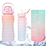 Half Gallon/64oz Daily Sports Water Bottle with Straw & Motivational Time Marker,BPA Free Plastic Water Jug,2 Liter Drinking Bottle for Fitness,Travel,Camp and Outdoor Sports(2Pack, Pink to White)