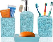 Designer 4-Piece Bathroom Accessory Set – Ceramic Bath Set w/Liquid Soap or Lotion Dispenser, Toothbrush Holder, Tumbler and Soap Dish – Decorative Set w/Embossed Details – Modern Vanity Accessories