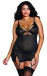 Dreamgirl Women's Plus Size Fishnet Power Mesh Garter Slip Lingerie Set, Black, 3X