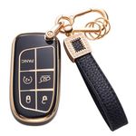 CACARLIKE for Jeep Key Fob Cover with Leather Lanyard, Car Key Fob Case Compatible with Jeep Grand Cherokee Renegade Chrysler Dodge Charge Smart Key Protector Holder