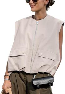 Yimoon Women’s Oversized Zip Up Cargo Vest Casual Ruched Hem Sleeveless Blazer Jackets Vest Top with Pockets, Grey, Small