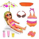 Beverly Hills Doll Collection Summer Beach and Pool Doll Accessories Set for 18" Girl Dolls, 10 Piece 18" Inch Doll Furniture Accessories Set, Doll Swimsuit, Umbrella, Beach Chair, Sunglasses