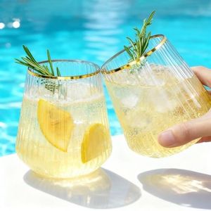 BESTSTAR 72 Pcs 12 oz Plastic Clear Gold Rim Ribbed Wine Glasses