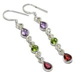 Garnet, Peridot, Amethyst Natural Gemstone 92.5 Sterling Silver Handmade Earring Gift For You CE-25