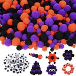 DTOFOOT 800PCS Halloween Pom Poms 4 Sizes Assorted Craft Pompom Balls Multi Color Fluffy Balls with Googly Eyes for Halloween Party Favors DIY Art Craft Decorations Supplies