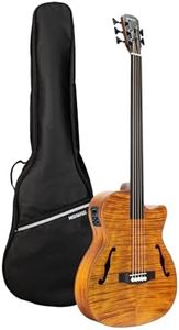 WishMade 5 String Electric Bass Guitar Hollow Body With F-Holes, Fretless Acoustic Bass Guitar, Flamed Maple Top With Gig Bag (BLB-500 NAT FL)
